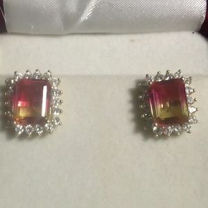 Bi tourmaline Pink yellow earrings 925 with Halo
